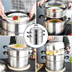 MANO Steamer Pot for Cooking 11 inch Steam Pots with Lid 2-tier Multipurpose Stainless Steel Steaming Pot Cookware with Handle for Vegetable, Dumpling, Stock, Sauce, Food