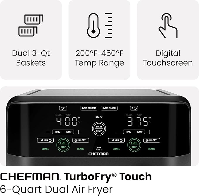 Chefman 6 Quart Dual Basket Air Fryer - Digital Touchscreen, Smart Sync Finish, Hi-Fry, Auto Shutoff, 2 Independent 3QT Nonstick Dishwasher-Safe Frying Baskets - Digital Double Air Fryer - Black
