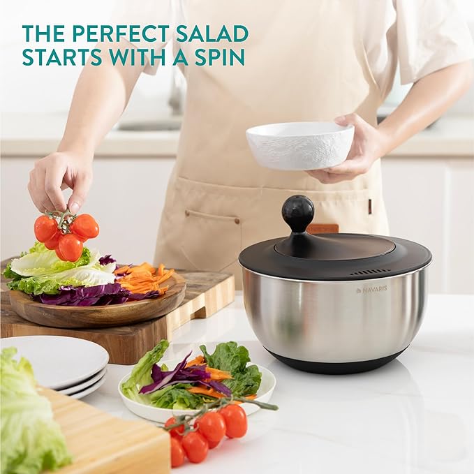 Navaris Salad Spinner with Storage Lid - Durable Stainless Steel Vegetable & Lettuce Dryer Set - Non-Slip Silicone Base - Includes Plastic Colander and Extra Storage Lid - Black