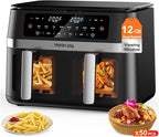 12QT Large Dual Basket Air Fryer with Viewing Window and 50pcs Paper Liners, 10-in-1 Digital Touchscreen Double Zone Air Fryers, SyncCook to Bake,Roast,Reheat,Broil, Nonstick Dishwasher Safe