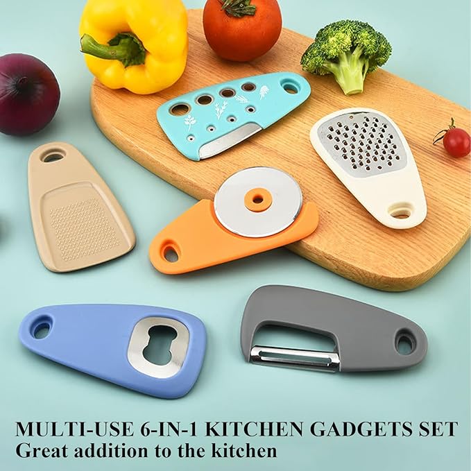 Kitchen Gadgets Set 6 Pieces, Space Saving Cooking Tools Kitchen Accessories-Garlic/Ginger Grinder, Cheese Grater, Vegetable/Fruit Peeler, Pizza Cutter, Herb Stripper, Bottle Opener, Gadgets Gift Set