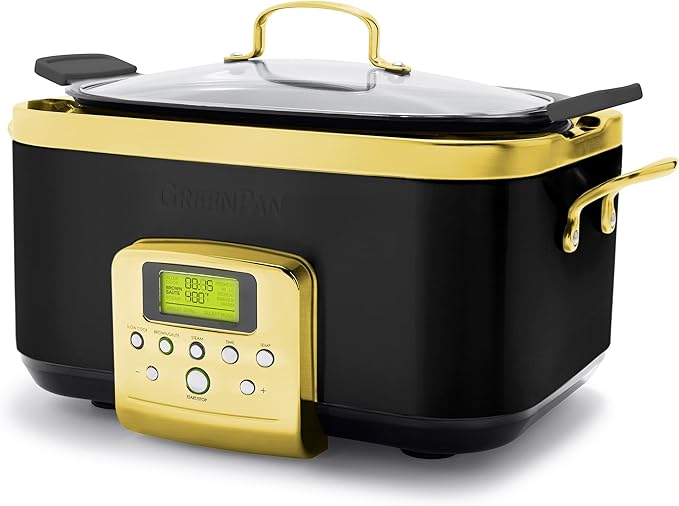 GreenPan Elite 8-in-1 Programmable 6QT Electric Slow Cooker, Dishwasher Safe Lid & Removable Crock, PFAS-Free Healthy Ceramic Nonstick Multi-Cooker, Sear, Sauté, Brown, Steam Basket, Roast, Gold
