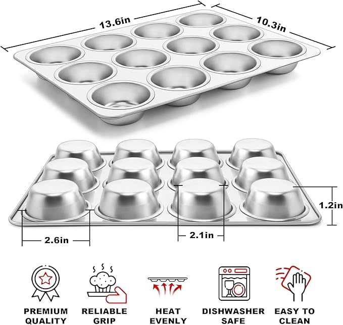 TeamFar 12-Cup Muffin Pan, Stainless Steel Muffin Tin Metal Cupcake Baking Pan for Oven, Regular Size & Non Toxic, Easy Clean & Dishwasher Safe