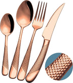 16-Piece Modern Copper Hammered Silverware Set with Ultra Sharp 2-IN-1 Serrated Knife, Rose Gold 18/10 Stainless Steel Flatware Set, Utensil Cutlery Set for 4 Person, Forks Spoons Knives Set