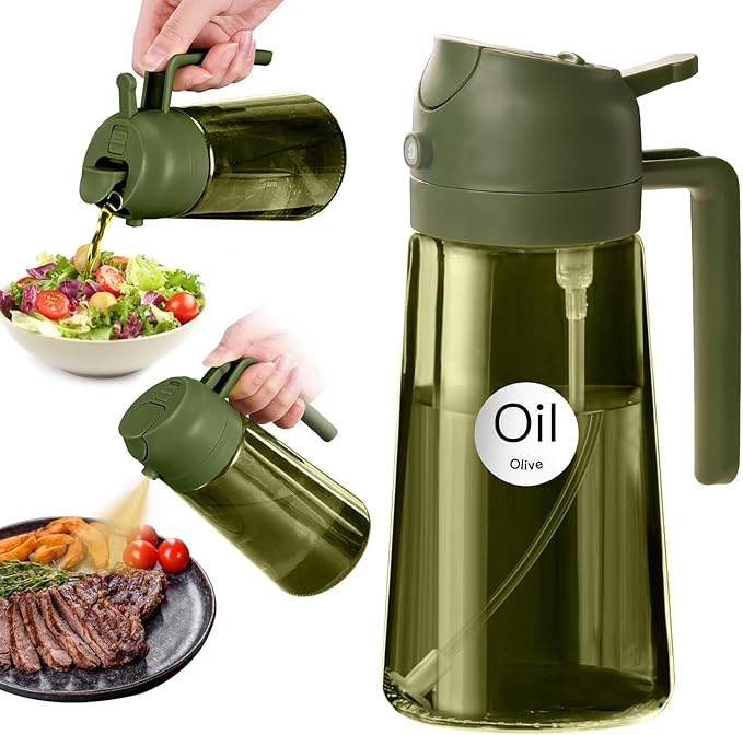YARRAMATE 16oz/470ml Dark Green Oil Sprayer for Cooking with Stickers, Food-grade Premium 2 in 1 Olive Oil Dispenser Bottle for Kitchen Gadgets, Air Fryer, Salad, Frying, BBQ (OliveGreen)