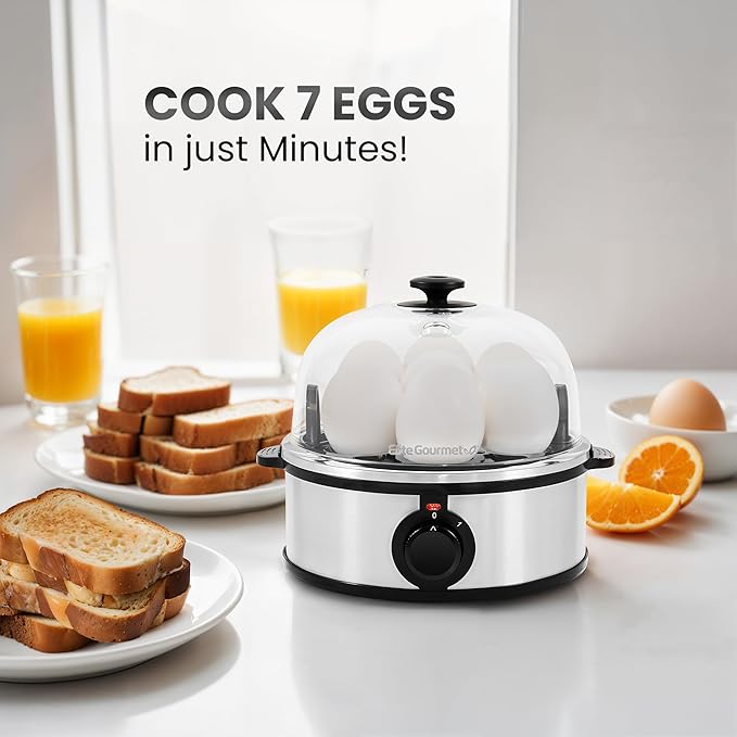 Elite Gourmet EGC724SS Easy Electric Poacher, Omelet Eggs & Soft, Medium, Hard-Boiled Egg Boiler Cooker with Auto Shut-Off and Buzzer, Measuring Cup Included, BPA Free, 7, Stainless Steel