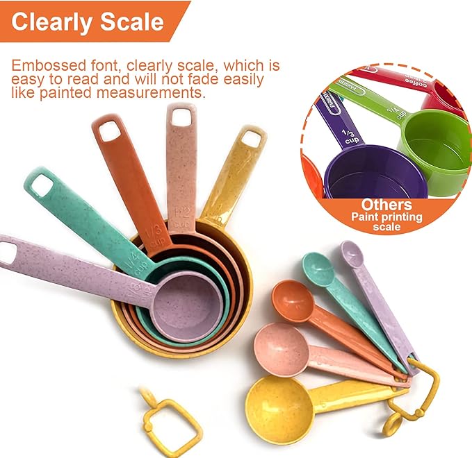 Plastic Measuring Cups and Spoons Set - 10 Pcs Colorful Kitchen Measuring Tool, Engraved Metric/US Markings Stackable Silicone Measure Cup for Liquid & Dry Measuring, Cooking & Baking, Random Color