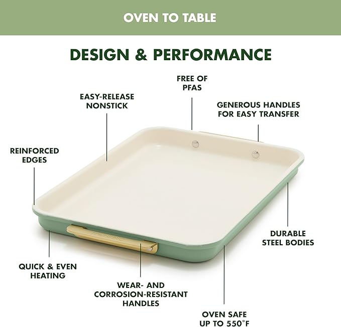 GreenPan Bakeware 13"x18" Half Baking Sheet Pan, Ceramic Nonstick Baking Pan, PFAS & BPA Free, Gold Handles, Durable Steel, Versatile & Space Saving Ovenware, Freezer to Oven Dish, Sage Green