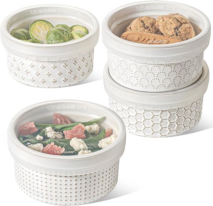 LE TAUCI Ramekins Oven Safe with Lids, 12 oz Ramikin Set for Creme Brulee, Souffle, Dipping Sauce, Onion Soup, Ceramic Food Storage Container - 5 inch, Set of 4, Arctic White