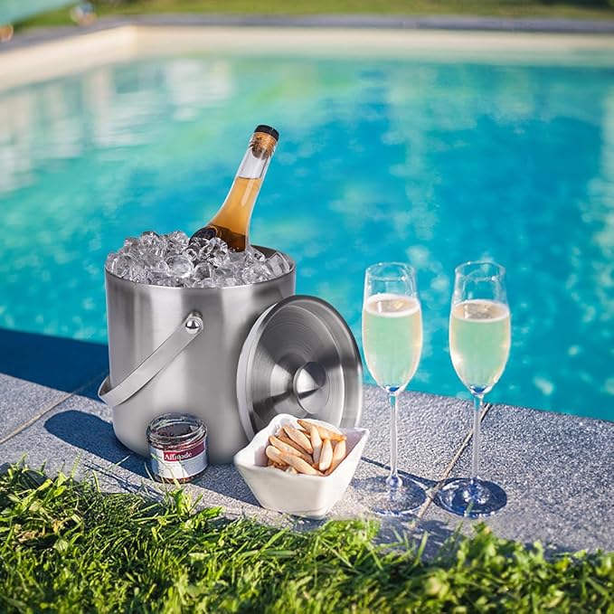 3L Double-Wall Insulated Stainless Steel Ice Bucket with scoop for Cocktail Bar - Metal Ice Bucket for freezer with Lid for parties, Camping,and More!champagne bucket,bar cart accessories (silver)