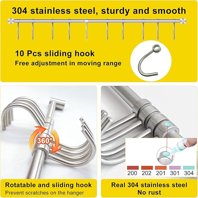 Kitchen Hanging Rack, 20 Inch Wall-Mounted Pot Holder with 10 Quiet Sliding Hooks, Rail Organizer Utensil Holder Bar for Cooking Spatulas Cups, Made of 304 Stainless Steel. (Silver)