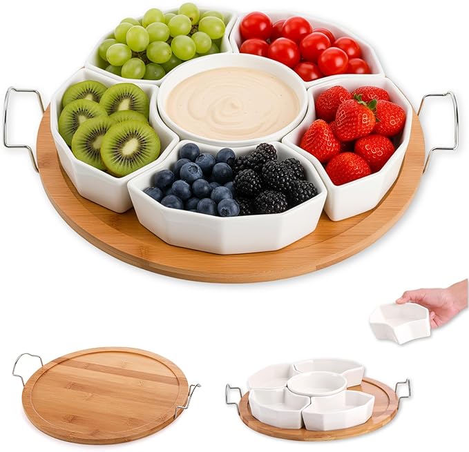 ZENFUN Chip and Dip Serving Set, 11'' Divided Serving Platters Tray for Party, 6-Compartment Removable Appetizer Snack Dishes, Round Sectional Serving Platter for Fruits, Condiment