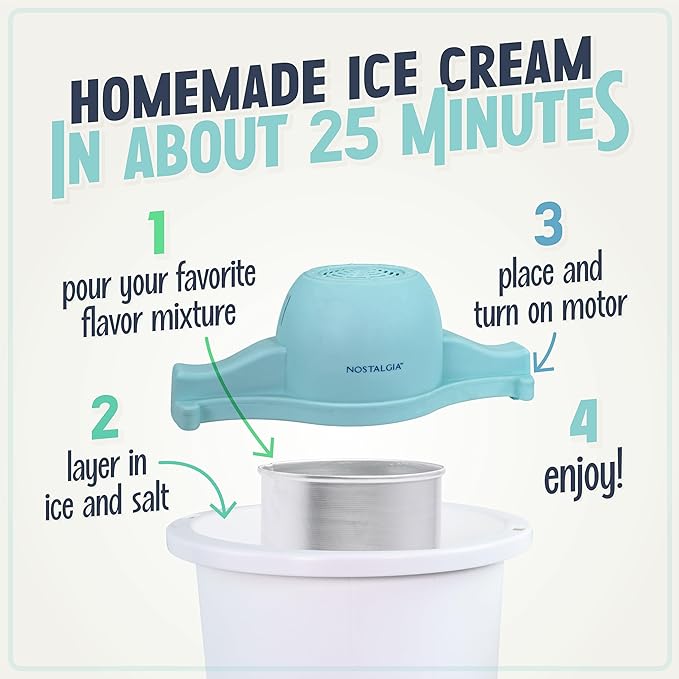 Nostalgia Electric Ice Cream Maker – Parlor Style, Old Fashioned Soft Serve Ice Cream Machine Makes Frozen Yogurt or Gelato in Minutes - Fun Kitchen Appliance – Blue & White - 6 Quart