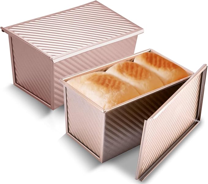 KITESSENSU Pullman Loaf Pan with Lid 2 Pack, 1 lb Dough Capacity Non-Stick Bakeware for Baking Bread, Carbon Steel Corrugated Bread Toast Box Mold with Cover for Baking Bread, Gold