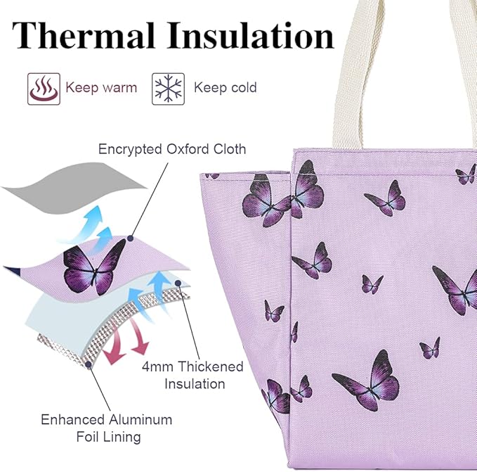 iknoe Insulated Lunch Bag for Women, 9L Durable Wide-Open Foldable & Portable Lunch Tote with Interior Pockets, Water-resistant Thermal Lunch Cooler for Adults Picnic Beach (Purple Butterfly)
