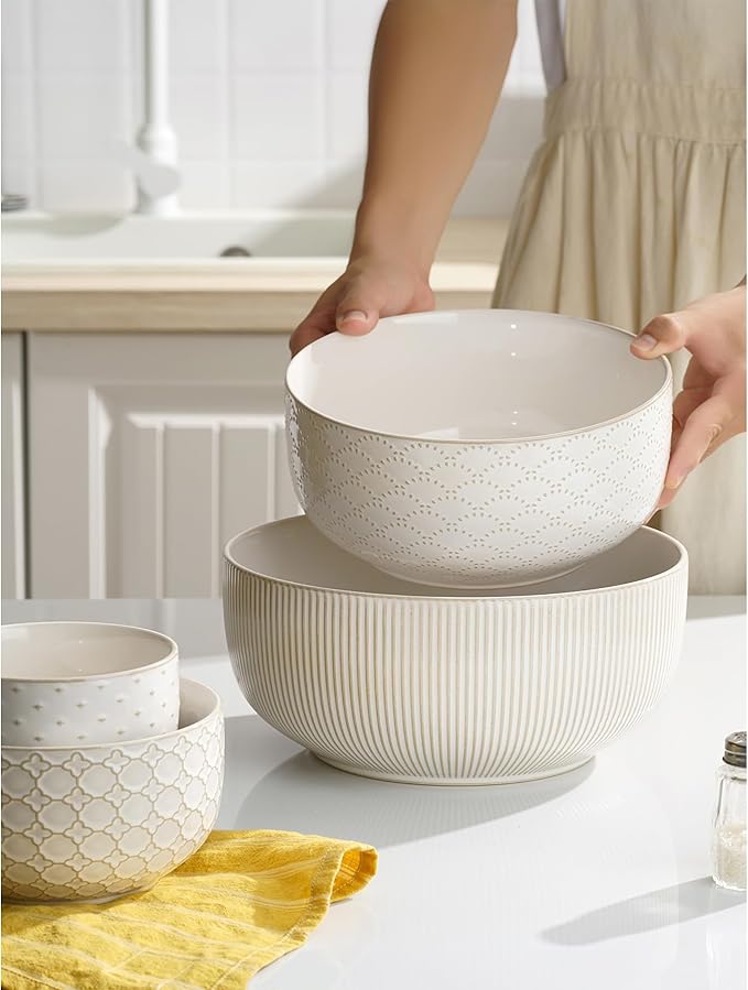 Mikiegy Ceramic Mixing Bowls Set of 4, Nesting Ceramic Embossment Stoneware Mixing Bowls for Cooking, Serving, Popcorn, Salad etc, Microwave & Dishwasher Safe, 20/44/98/145 oz, Off-White