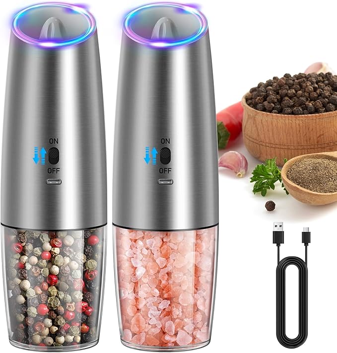 CIRCLE JOY Rechargeable Gravity Electric Salt and Pepper Grinder Set, Stainless Steels Salt and Pepper Mills with LED Light, No Battery Needed, Adjustable Coarseness, Washable 135ml Container, Silver