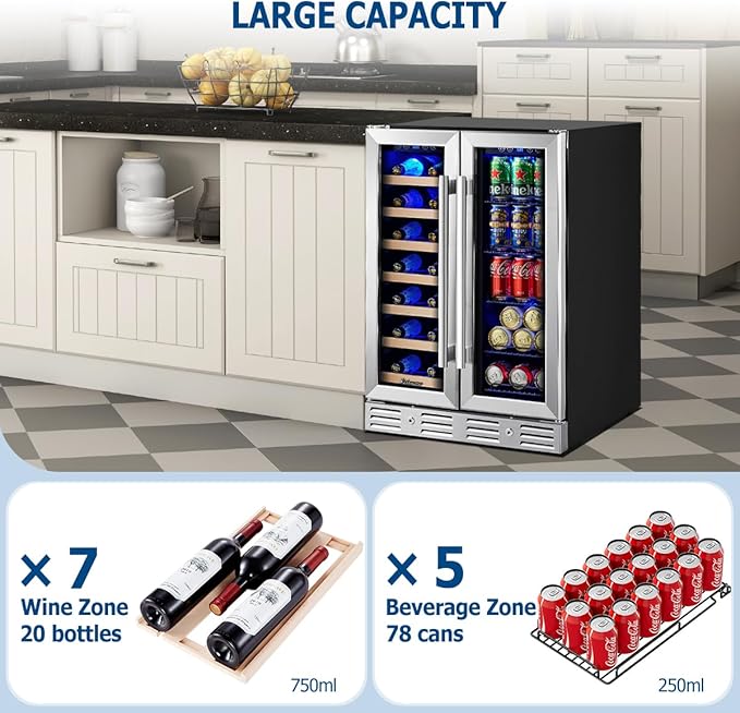 Kalamera Wine and Beverage Refrigerator, 24 inch Wine Fridge Dual Zone Hold 21 Bottles and 77 Cans,Built in or Under Counter Wine Fridge with Blue LED Light