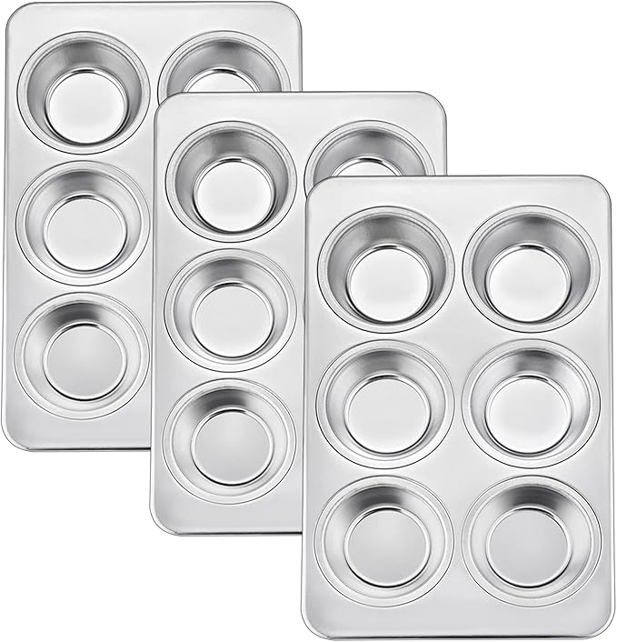 TeamFar Muffin Pan, 6 Cup Muffin Baking Tins Pans, Cupcake Pan Tray Set Stainless Steel for Baking Cakes Cornbread Tarts and More, Healthy & Non Toxic, Oven & Dishwasher Safe - Set of 3