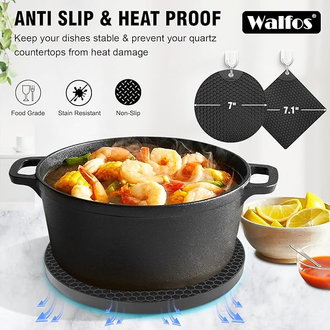 Walfos Silicone Trivet Mats - 4 Heat Resistant Pot Holders, Multipurpose Non-Slip Hot Pads for Kitchen Potholders, Hot Dishers, Jar Opener, Spoon Holder, Food Grade Silicone & BPA Free (Black)
