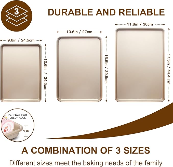 Baking Sheet Pan Set of 3, Commercial Cookie Sheets for Baking, Nonstick Half/Quarter/Jelly Roll Pans Replacement Toaster Oven Tray, Heavy Duty & Easy Clean, Champagne Gold