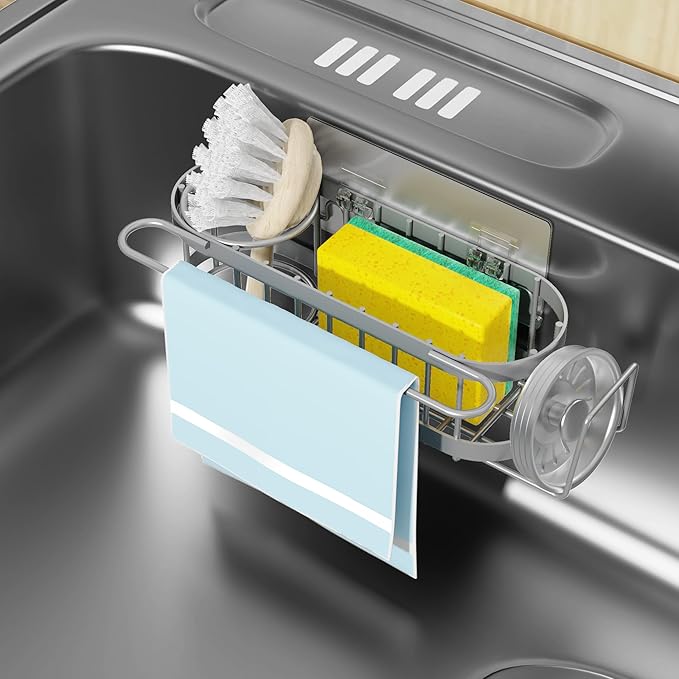 Cisily Grey Kitchen Sink Caddy Sponge Holder in the Sink, Stainless Steel Kitchen Organizer, Brush Holder, Dish Cloth Hanger 2 Installation Ways (Suction & Adhesives