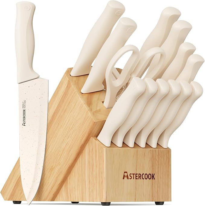 Astercook Knife Set, 15 Pieces Kitchen Knife Set with Sharpener Block, German Stainless Steel Knives Set with Anti-Rust Coating, Dishwasher Safe Elegant Cream White Knife Block Sets, Valentine's Gift