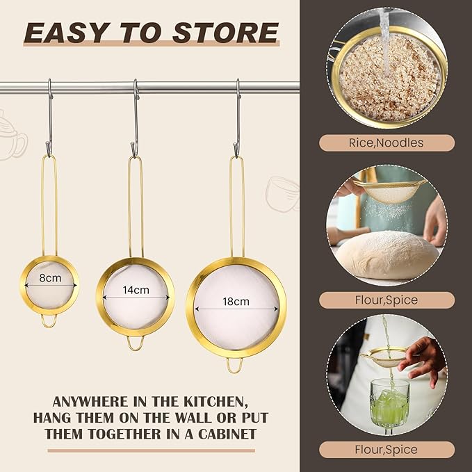 Norme 7 Quart Stainless Steel Gold Colander and 3 Pcs Gold Fine Mesh Strainer, Stainless Steel Pasta Rice Food Metal Strainer with Handles, Easy Clean and Dishwasher Safe
