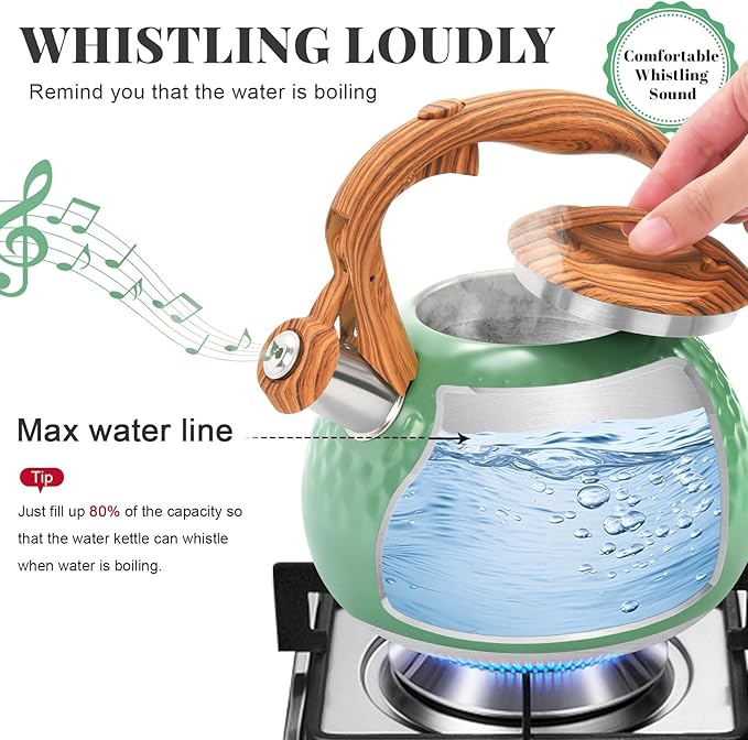 GGC Tea Kettle for Stove Top, Loud Whistling Kettle for Boiling Water Coffee or Milk, 3.1 Quart 3L Heavy Stainless Steel Green Tea Pot with Wood Pattern Handle, Unique Button Control Outlet