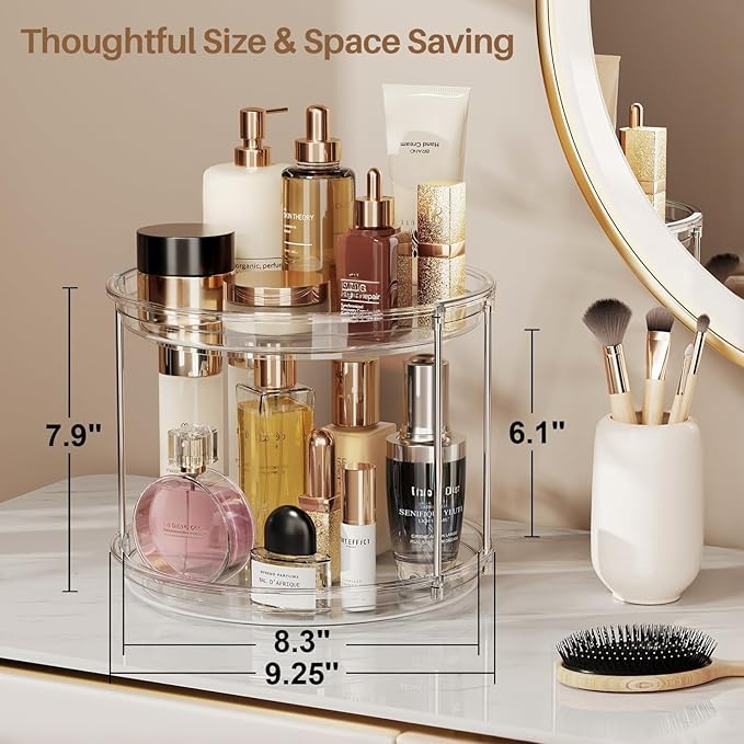 LAMU 2 Tier Lazy Susan Turntable Organizer 9.25'' Rotating Spice Rack Organization for Cabinet, Kitchen, Pantry, Countertop, Bathroom, Vanity, Medicine Cabinet Organizer, Clear