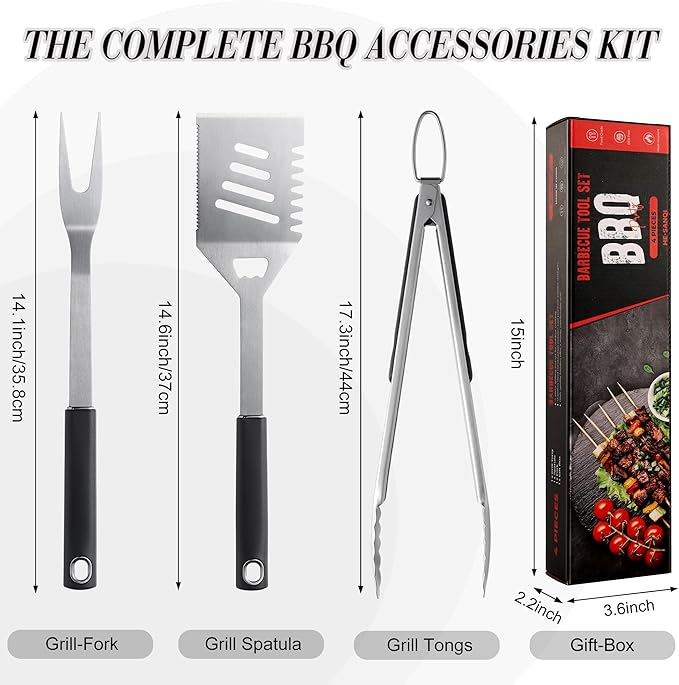 Griddle Accessories Kit - Grilling Accessories, Stainless Steel Heavy Duty Grill Tools Set with Spatula, Fork, Tongs and Gift-Box for Outdoor Barbecue, Home Grill (3PCS)