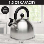 Primula Stewart Whistling Stovetop Tea Kettle Food Grade Stainless Steel, Hot Water Fast to Boil, Cool Touch Folding, 1.5-Quart, Brushed with Black Handle (Pack of 4)