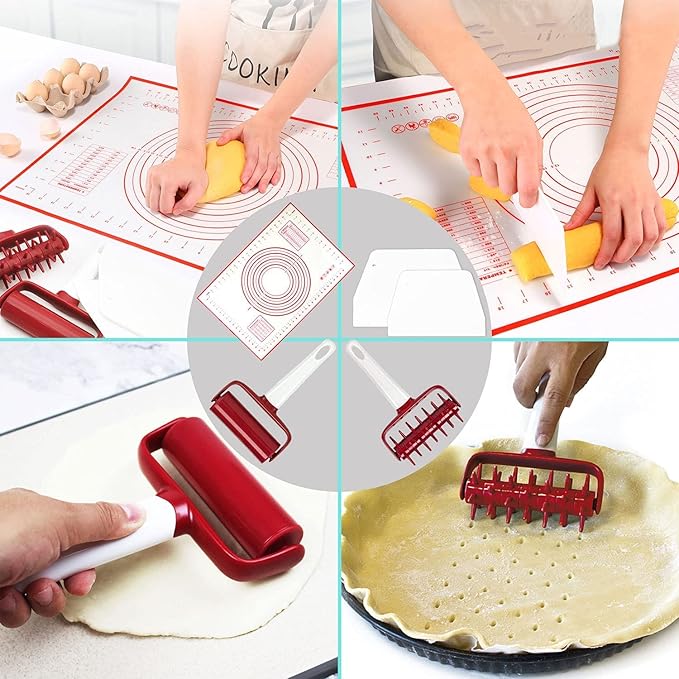 5 pcs Pizza Tool Set Includ Pastry Pizza Roller, Pizza Dough Docker that Time-Saving and Dough Scraper Cutter and Pizza Cutter Wheel and Silicagel Pastry Mat (5 pcs)