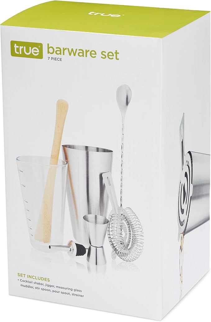 True 7-Piece Barware Set for Mixed Drinks and Cold Brew Cocktails, Includes Boston Cocktail Shaker Tin, Mixing Glass, Jigger, Muddler, Strainer, Bar Spoon, Pour Spout for Home Bar, Bartender Gifts