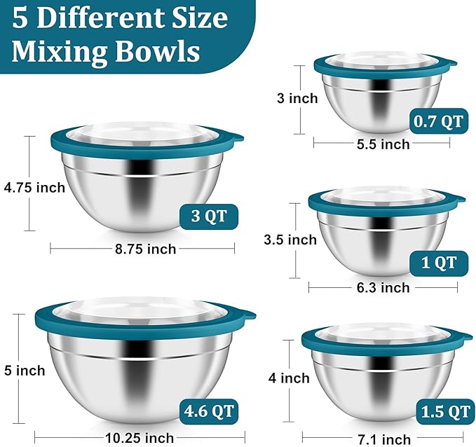 P&P CHEF Mixing Bowls with Visible Airtight Lids Set of 5, 10-Piece Stainless Steel Mixing Nesting Bowl, Metal Bowl with Lid for Kitchen Prepping & Storing, Size 4.6, 3, 1.5, 1, 0.7 QT, Blue