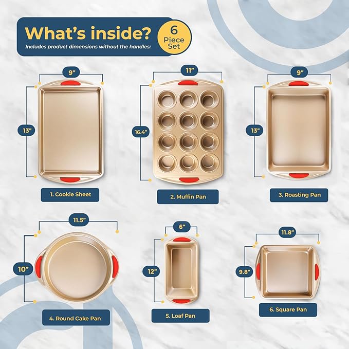 Perlli Baking Kit: Nonstick Gold Steel Oven Set - 6 Pieces, Round Cake Pan, Loaf Pan, Square Pan, Muffin Pan, Cookie Sheet, Roaster - Silicone Handles