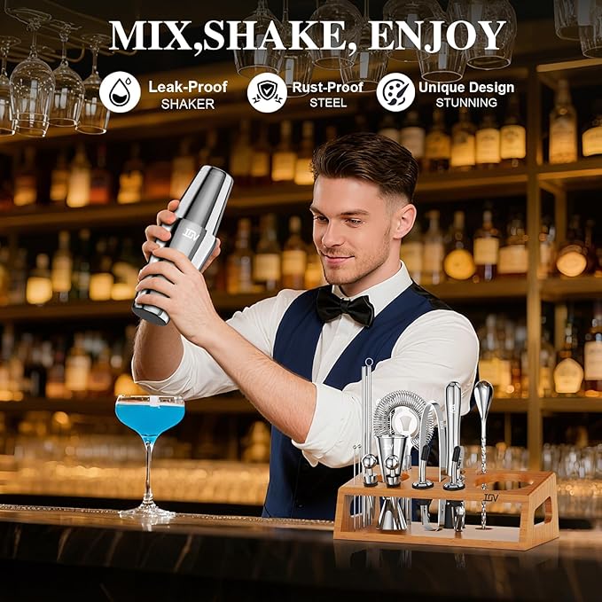 IOV Mixology Bartender Kit Bar Set with Stand | 17-Piece Cocktail Shaker Set | 28oz Boston Shaker Drink Mixer Set with All Essential Accessory Tools | Fun Housewarming Gift (Silver)
