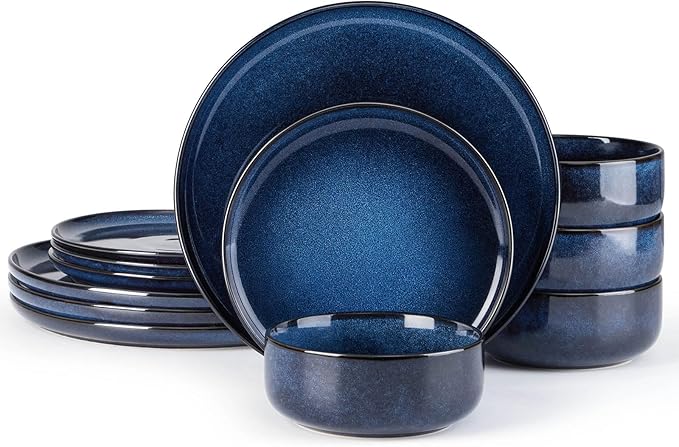 E-far Dinnerware Sets for 4, 12-Piece Stoneware Plates and Bowls Set, Ceramic Dishes Reactive Glaze Dinning Ware, Microwave & Dishwasher Safe - Deep Sea Blue