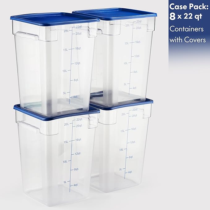 CURTA 8-Pack 22 Qt NSF Clear Polycarbonate Food Storage Containers with Blue Lids - Square, Commercial-Grade, Freezer & Dishwasher Safe, Stackable