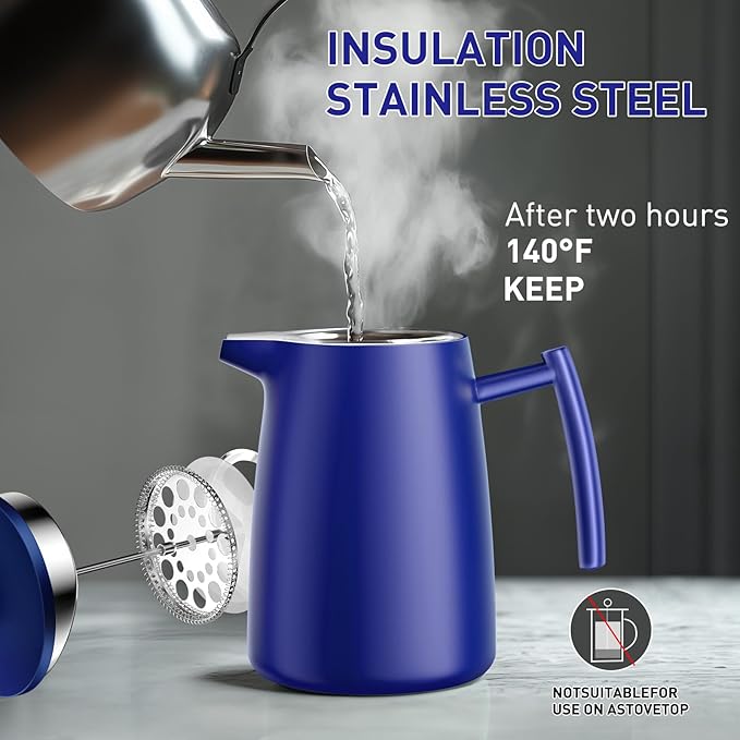 Secura 50oz French Press Coffee Maker – 304 Stainless Steel, Insulated Coffee Press with Extra Filter, Blue