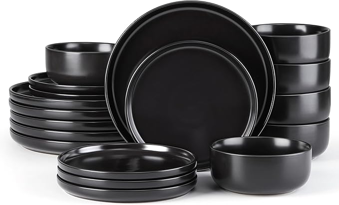 E-far Stoneware Dinnerware Sets for 6, 18-Piece Plates and Bowls Set, Modern Ceramic Dishes Dinning Ware, Microwave & Dishwasher Safe - Matte Black
