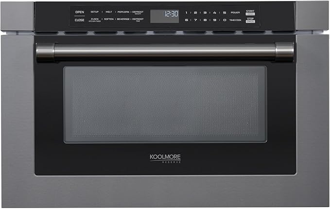 KoolMore Reserve 24 in. 1.2 cu. ft. Microwave Drawer with Electric Door Opening, 10 Power Levels, Sensor Cooking, Melt, Defrost, Bake, Roast, Broil, 1500 Watts, UL Certified in Black Stainless-Steel