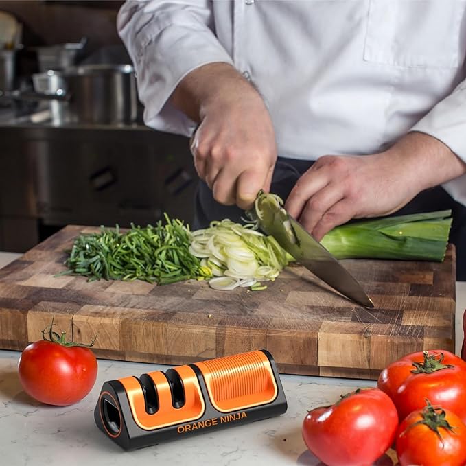 Orange Ninja Mini Knife Sharpener - Coarse & Fine Blade Sharpener, Sharpening System- Knife Sharpeners for Kitchen Knives, Pocket Kitchen Knives Sharpeners with Bottle Opener & Fridge Attachment
