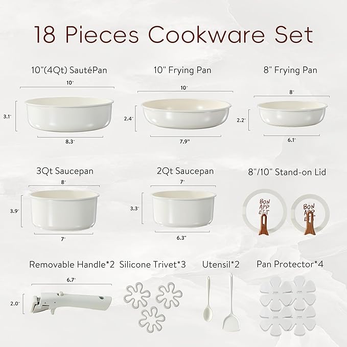 CAROTE 18Pcs Ceramic Cookware Set with Detachable Handle, Pots and Pans Set Non Stick, Non Toxic Kitchen Cooking Sets with Stand-Up Lid, PFAS and PFOA Free, Oven Safe, Induction Ready, Cream White