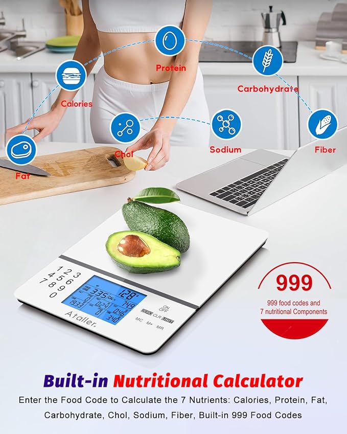 Ataller Food Scale with Nutritional Calculator, Digital Kitchen Scale, Food Scales for Kitchen, Calorie Calculator for Meal Prep, and Weight Loss, Units in Lbs, Grams, Ounces, Batteries Included