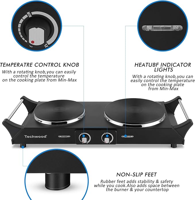 Techwood ES-3203 Hot Plate Electric Double Burner 1800W for Cooking with Adjustable Temperature & Stay Cool Handles, Black Stainless Steel, Compatible for All Cookwares
