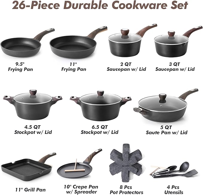 SENSARTE Pots and Pans Set Non stick, Non toxic Healthy Induction Cookware Sets, 26 Pcs Nonstick Kitchen Cooking Set, w/Frying Pans Set, Saucepans Set, Stockpots Set, PFOA PFOS Free, Black