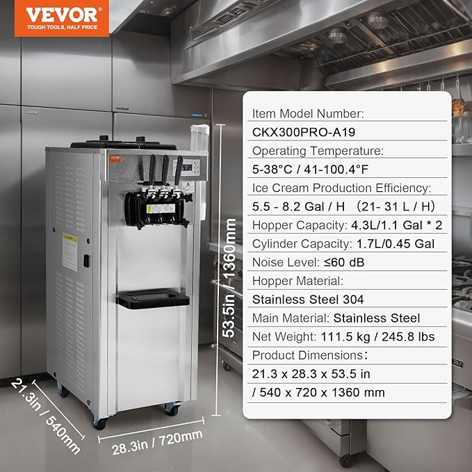 VEVOR 1850W Commercial Soft Ice Cream Machine 3 Flavors 5.5 to 8.2Gallon per Hour PreCooling at Night Auto Clean LCDPanel for Restaurants Snack Bar, Sliver