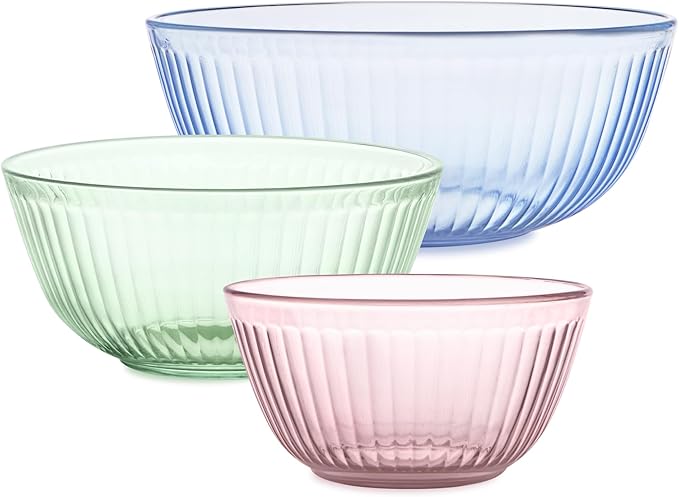 Pyrex Colors Tinted (3-Pack) Sculpted Tinted Unlidded Small/Medium/Large Glass Mixing Bowls, Nesting Space Saving Set of Bowls For Prepping and Baking, 1.3QT, 2.3QT & 4.5QT