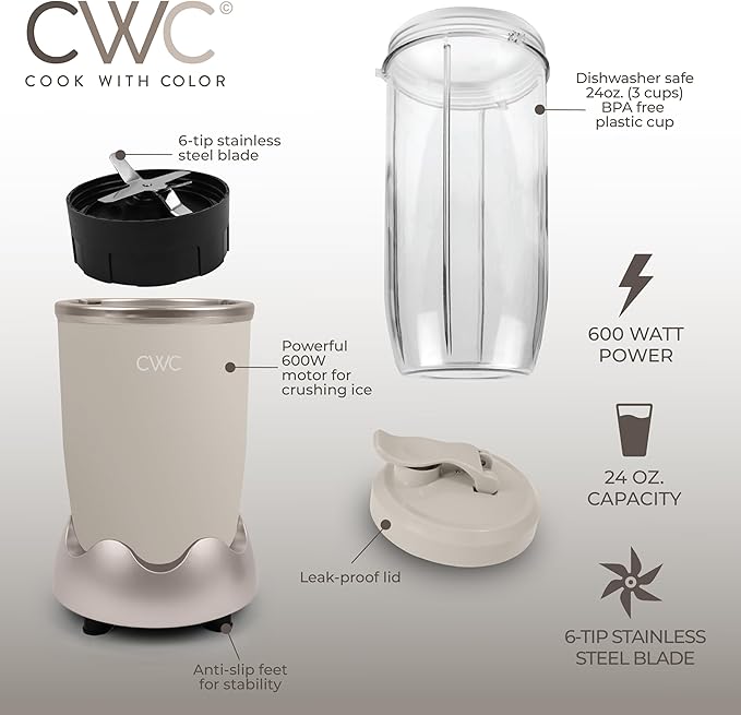 COOK WITH COLOR Personal Power Blender 600W, 24oz Capacity, BPA-Free Jar, Ice-Crushing Blades, Ideal for Smoothies & More, Anti-Slip Feet, Easy to Clean, Greige
